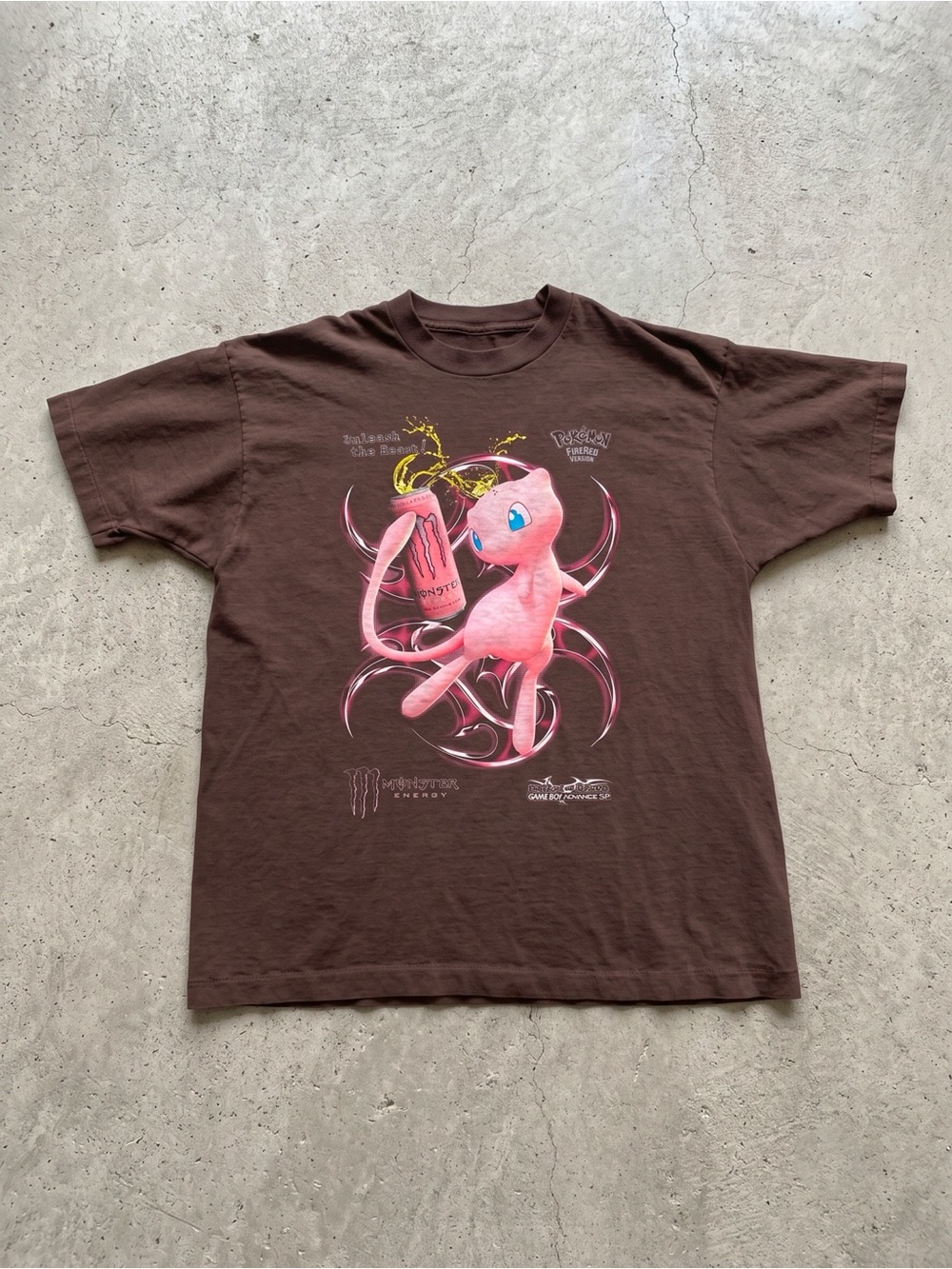 Y2K Bootleg Mew Monster Energy Drink Brown Graphic T-Shirt
